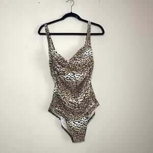 Emerald Bay Leopard RUched SweetHeart Neckline Pull On One Piece Swimsuit Sz 14‎